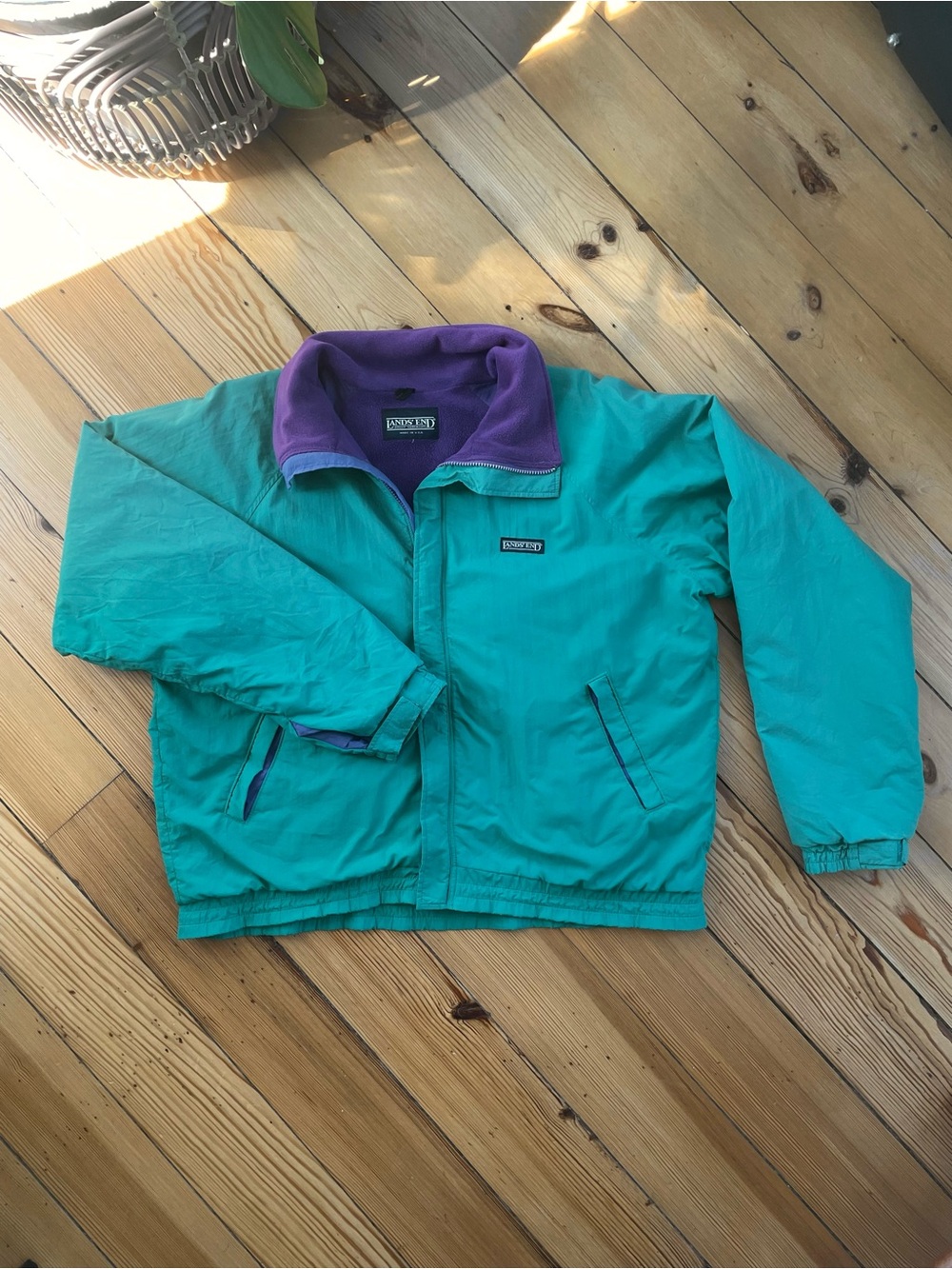 Vintage Lands' End Teal Puffer Jacket with Purple Fleece Collar men’s Large